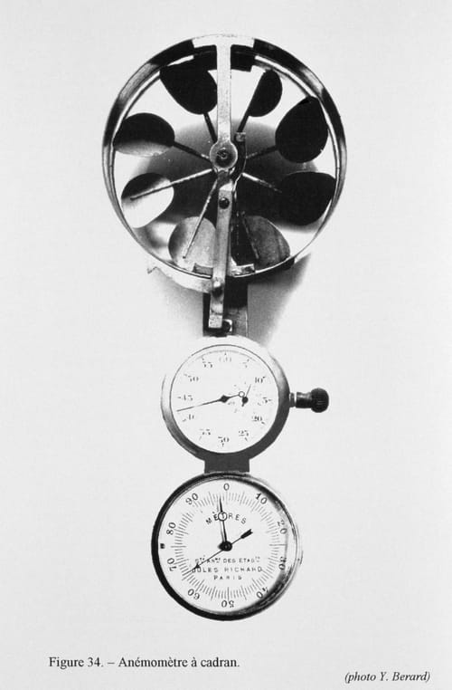 Grainy b&w photo of an anemometer and dial, photo by Y. Bernard from the Oceanographic Museum of Monaco, courtesy NOAA.