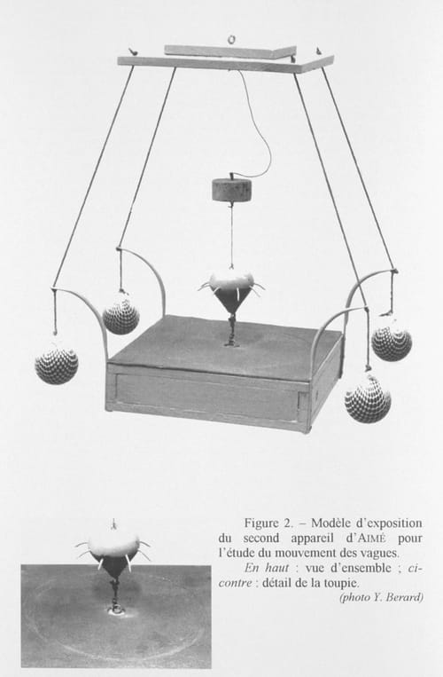 Black and white photo of a model of a wave study instrument built in 1839, an elegant weird apparatus. See notes for details.